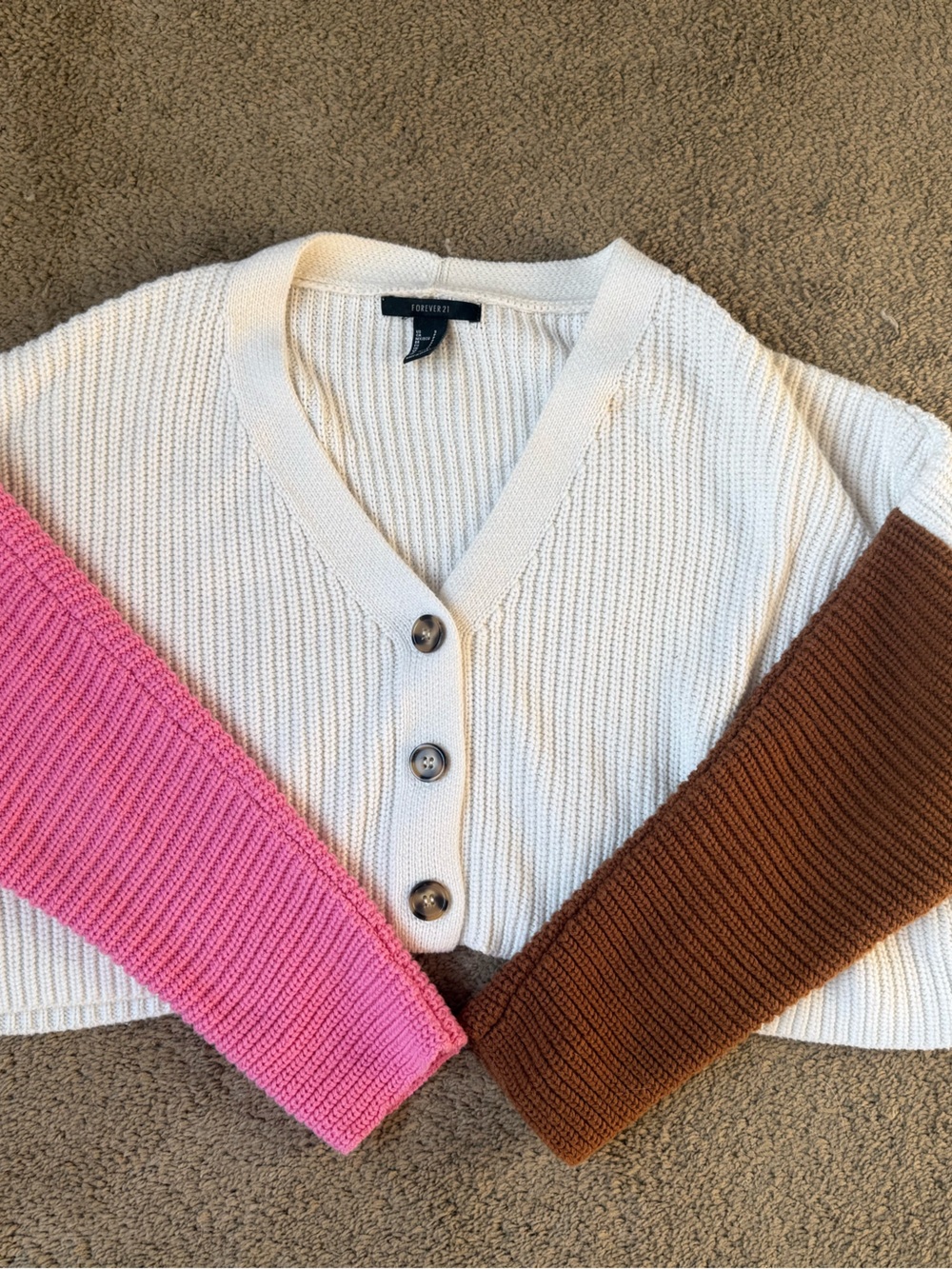 Forever 21 Cream Colorblock V-Neck Cardigan with Pink and Brown Sleeves